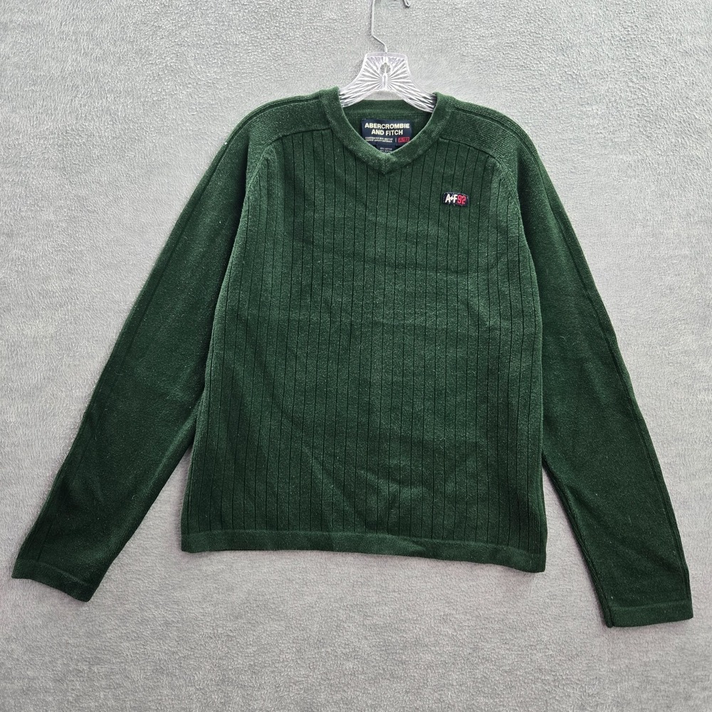 VINTAGE Abercrombie & Fitch Men Sweater‎ Large Green Ribbed Logo A/92 V Neck